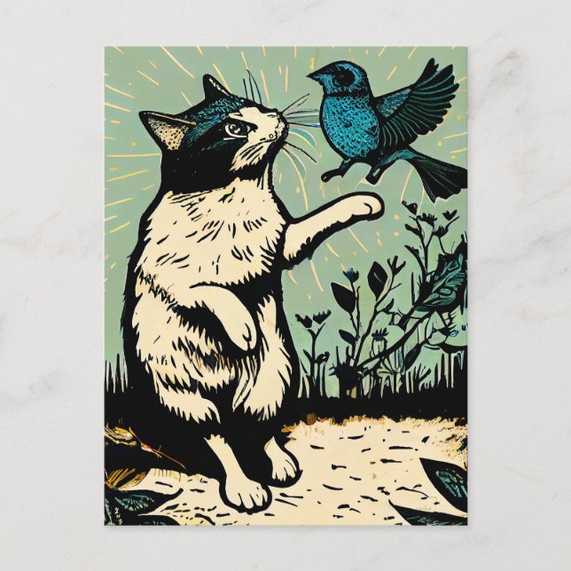 Postal Linograbado de un gato intentando atrapar un pájar (Anverso)