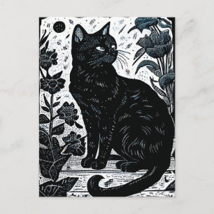 Postal Linograbado de un gato negro entre flores