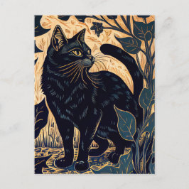 Postal Linóleo de un gato negro entre plantas con fondo a