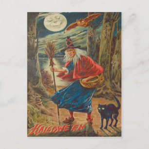 Postal Linterna de Jack Bruja Gato Negro Murciélago Luna