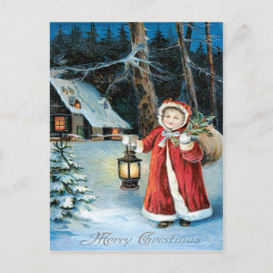 Postal Linterna de niña linda Holly Winter Cottage