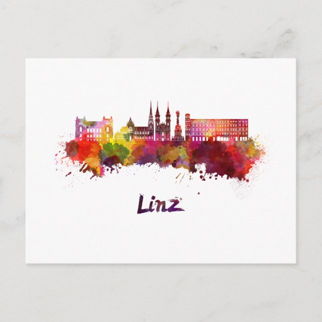 Postal Linz skyline in watercolor (Anverso)