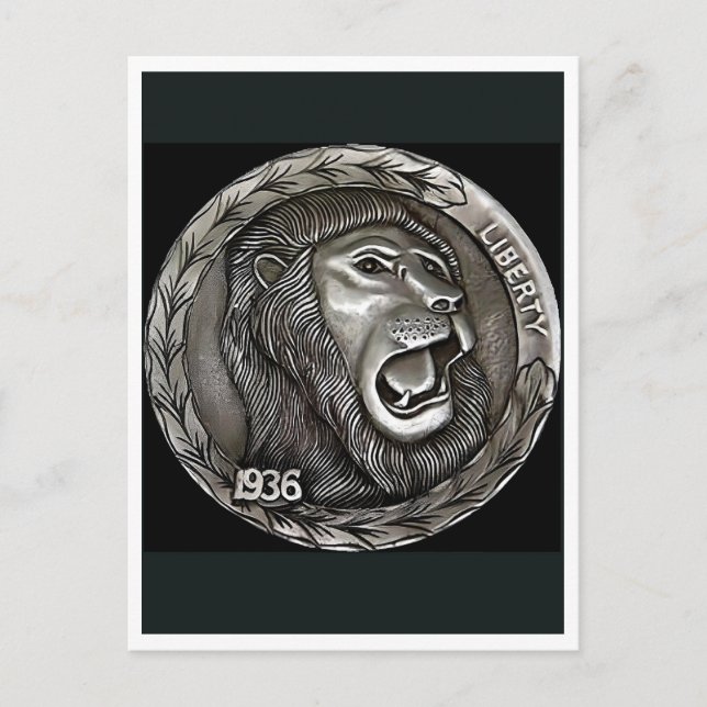 Postal Lion. Hobo nickel coin. Postcard (Anverso)
