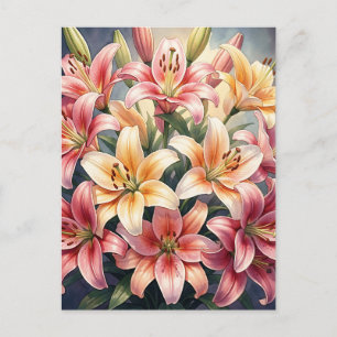 Postal Lirios Acuarela Floral Rosa Naranja Blanco Vibrant