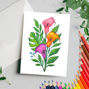 Postal Lirios Calla Dibujo Floral Lápiz de Colores