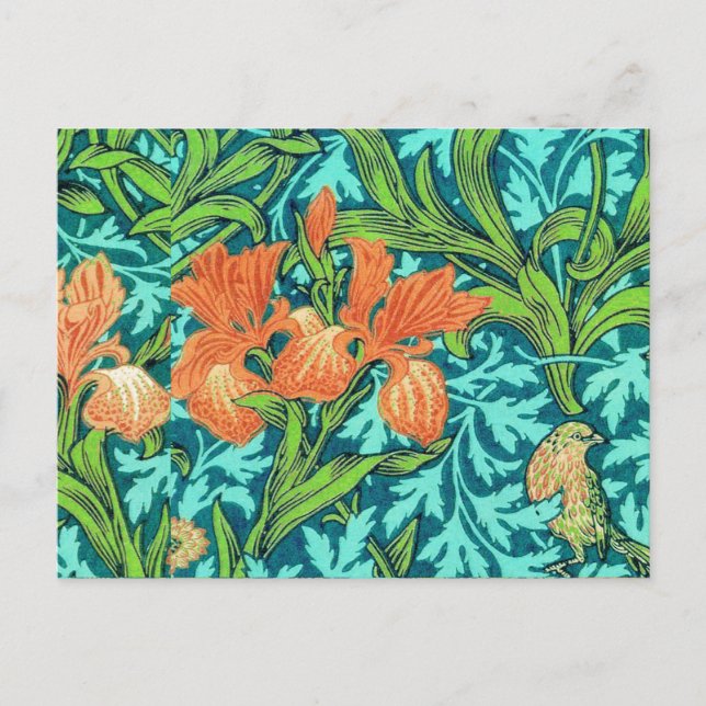 Postal Lirios de William Morris, naranja y turquesa (Anverso)