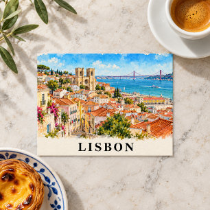 Postal Lisboa Portugal Acuarela Paisaje Urbano Viaje