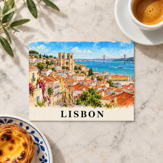 Postal Lisboa Portugal Acuarela Paisaje Urbano Viaje