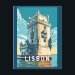 Postal Lisboa Portugal Belem Tower Viaje Art Vintage<br><div class="desc">Lisboa Portugal diseño de viajes retro exhibiendo la Torre Belém. La Torre de Belém,  oficialmente la Torre de San Vicente,  es una fortaleza del siglo XVI situada en Lisboa que sirvió como punto de embarque y desembarque para los exploradores portugueses, </div>
