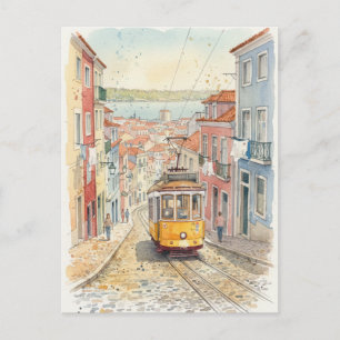 Postal Lisboa Portugal Clásico Viaje en Tranvía Amarillo