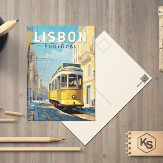 Postal Lisboa Portugal Tranvía Amarillo Arte de Viaje Vin