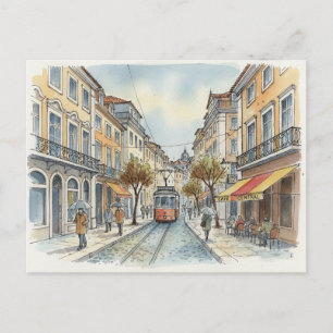 Postal Lisboa Portugal Tranvía amarillo en la calle Viaje