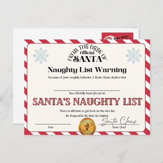 Postal Lista traviesa de Santa (Anverso / Reverso)