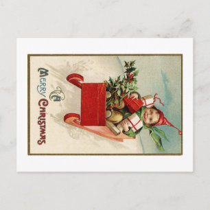 Postal Litografía vintage de un joven vestido con regalos