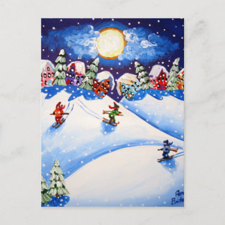 Postal Litte Skiers Winter Folk Art