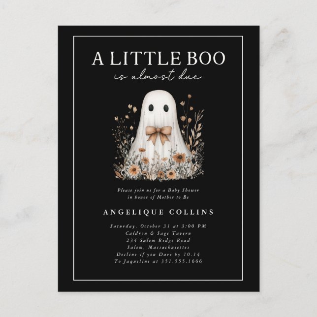 Postal Little Boo Cute Ghost Bow Wildflowers Baby Shower (Anverso)