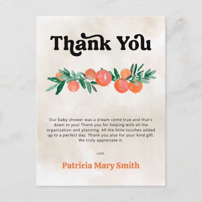 Postal Little Cutie Naranja Baby Shower Gracias (Anverso)