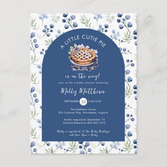 Postal Little Cutie Pie Blue Floral Baby Shower (Anverso)