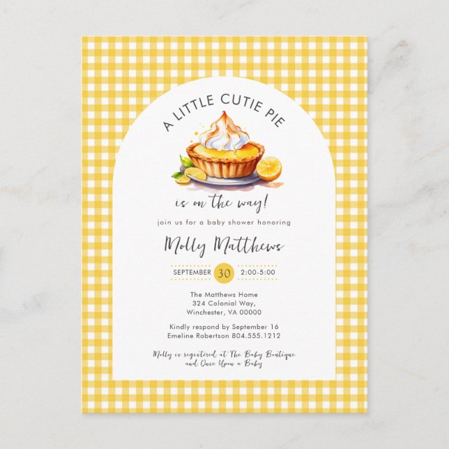 Postal Little Cutie Pie Citrus Gingham Baby Shower (Anverso)