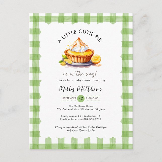 Postal Little Cutie Pie Watercolor Gingham Baby Shower (Anverso)
