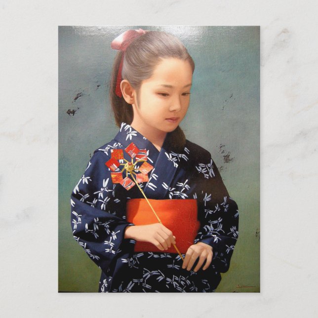 Postal LIttle lindo retrato de chica japonés kimono (Anverso)