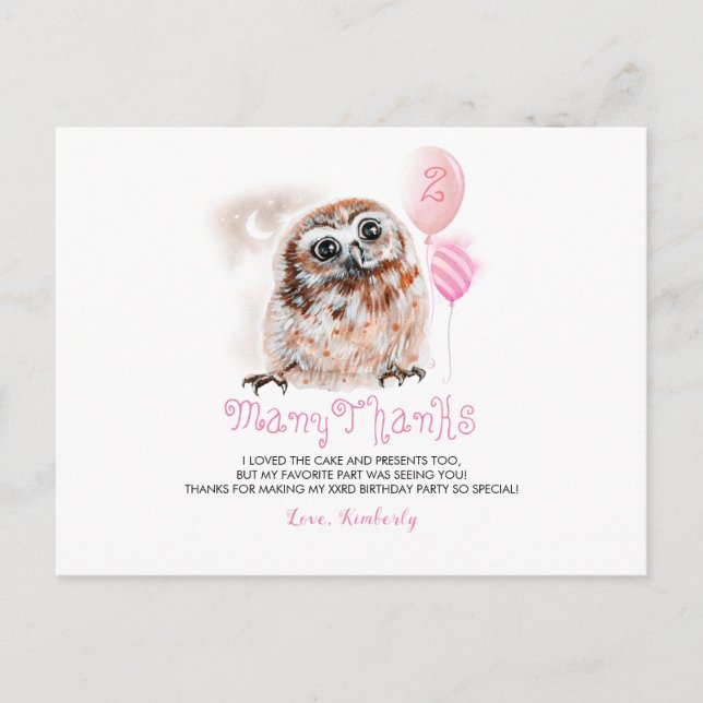Postal Little Owl Birthday Gracias (Anverso)