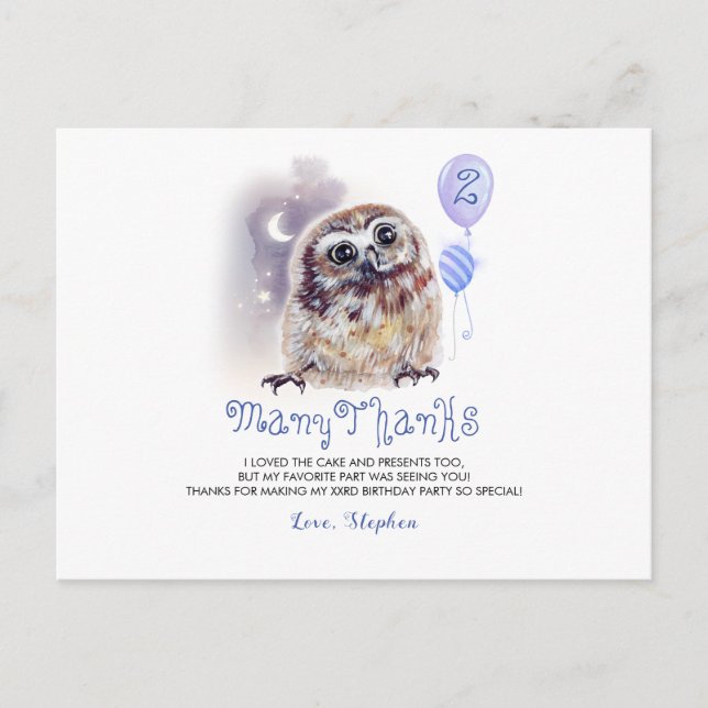 Postal Little Owl Birthday Gracias (Anverso)