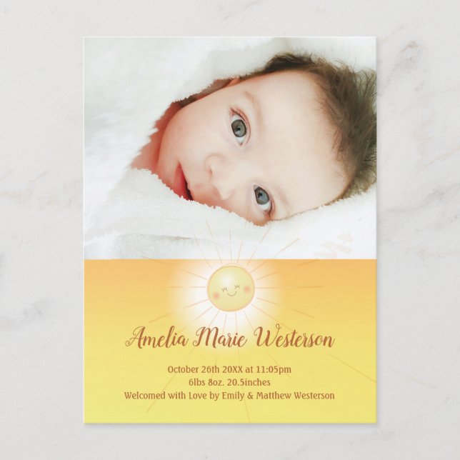 Postal Little Ray of Sunshine Baby Birth Announcement (Anverso)