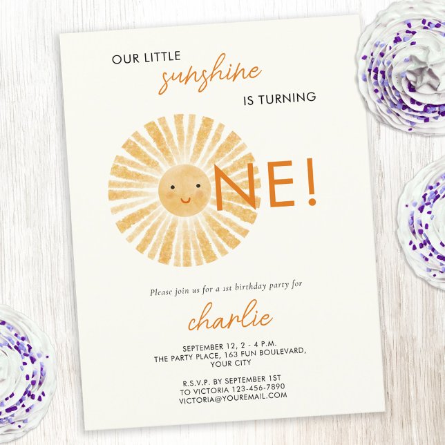 Postal Little Sunshine First Birthday Invitation (Our little sunshine is turning one! 1st first birthday party invitation postcard with a happy sun)