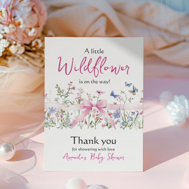 Postal Little Wildflower Floral Girl Pink Bow Baby Shower (Subido por el creador)