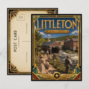 Postal Littleton Nuevo Hampshire Vintage Art Deco Dorado
