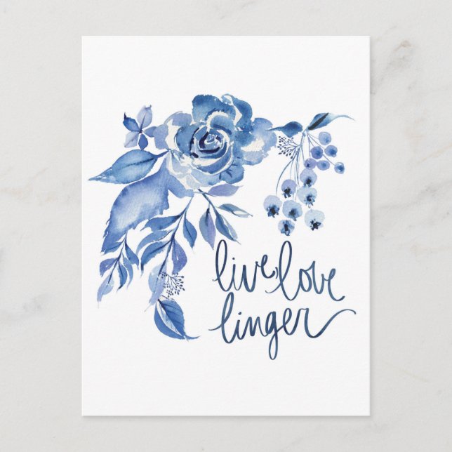 Postal Live Love Linger | Floral azul Rosa (Anverso)