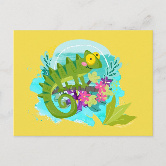 Postal Lizard tropical verde con flores (Anverso)