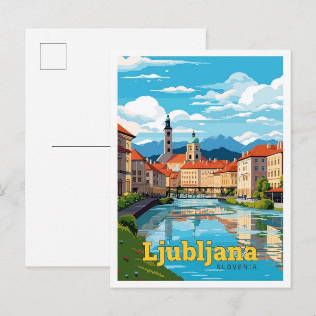 Postal Ljubljana Eslovenia Ilustracion de Viaje de Arte V (Anverso / Reverso)