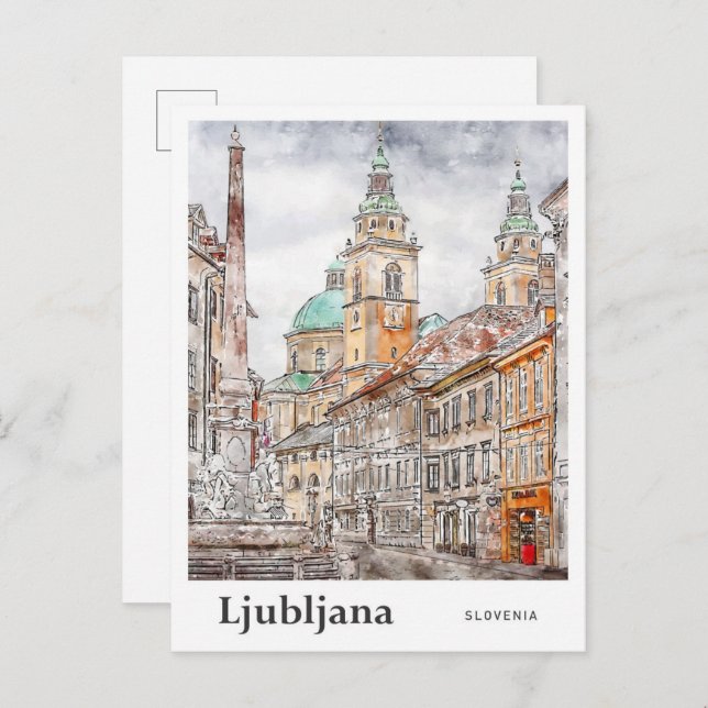 Postal Ljubljana Eslovenia mano acuarela de viaje (Anverso / Reverso)