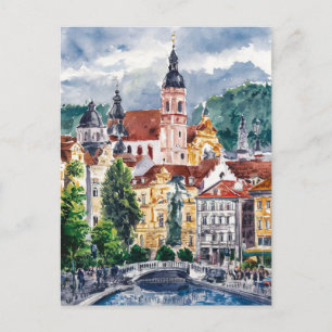 Postal Ljubljana, Eslovenia: pintura de viajes