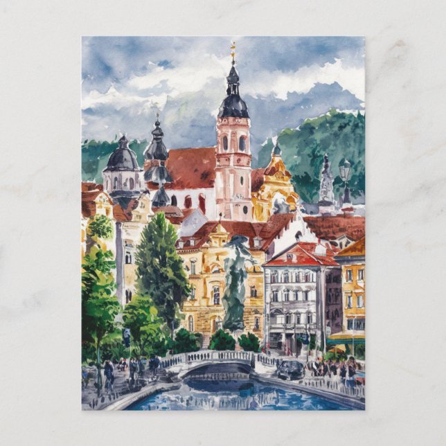 Postal Ljubljana, Eslovenia: pintura de viajes (Anverso)