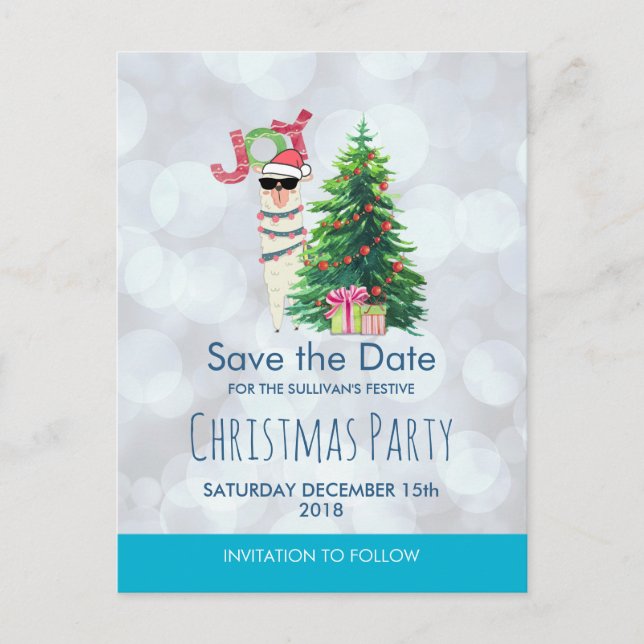 Postal Llama a Silver Bokeh y Icy Blue Save the Date (Anverso)