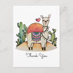 Postal Llama acuarela con cactus