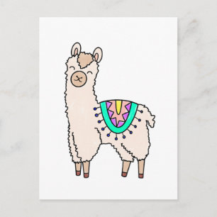 Postal llama alpaca de dibujos animados sonriendo feliz a