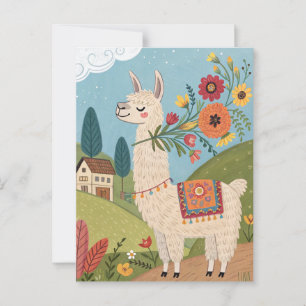 Postal Llama con arte popular de flores