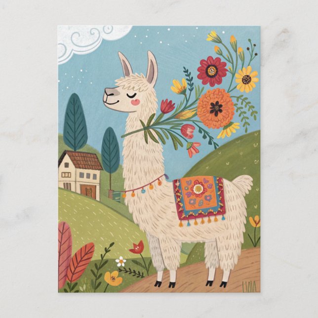 Postal Llama con arte popular de flores (Anverso)