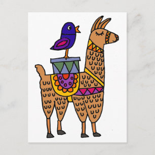 Postal Llama con manta colorida y paquetes