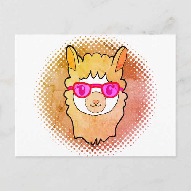 Postal Llama Cuta Con Dibujo De Gafas (Anverso)