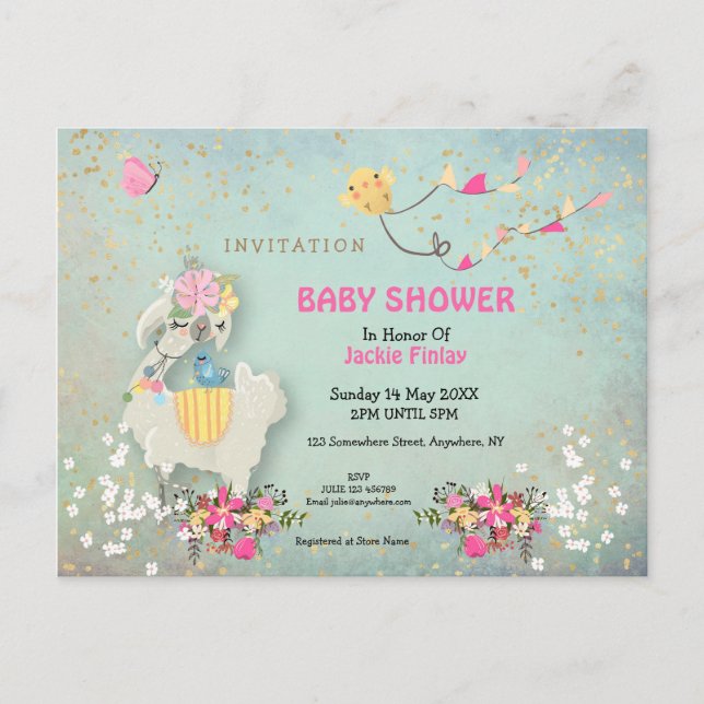Postal Llama Cute/Invitación a Baby Shower floral (Anverso)