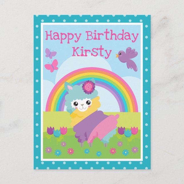 Postal Llama de Arcoíris de Primavera Floral y Cumpleaños (Anverso)