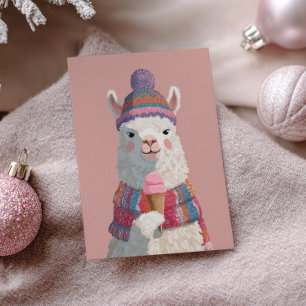Postal Llama de cuta caricatura con helado de año nuevo
