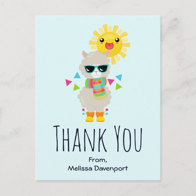 Postal Llama de Guay y Sol sonriente Kawaii gracias (Anverso)