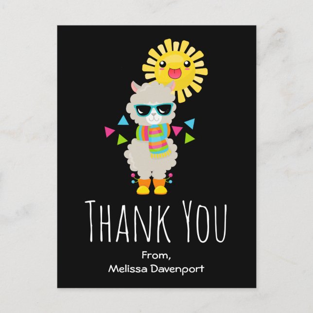 Postal Llama de Guay y Sol sonriente Kawaii gracias (Anverso)