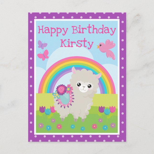 Postal Llama de Primavera Floral y Cumpleaños de Arcoíris (Anverso)